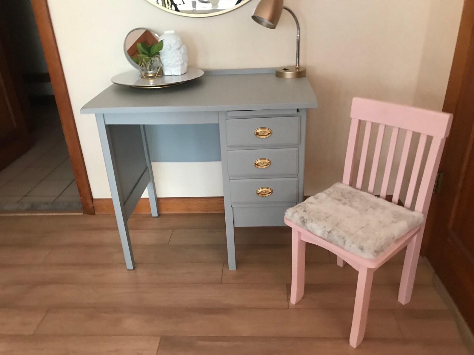 Little Girls Desk Wood Desk and Pink Chair Gray with gold Etsy