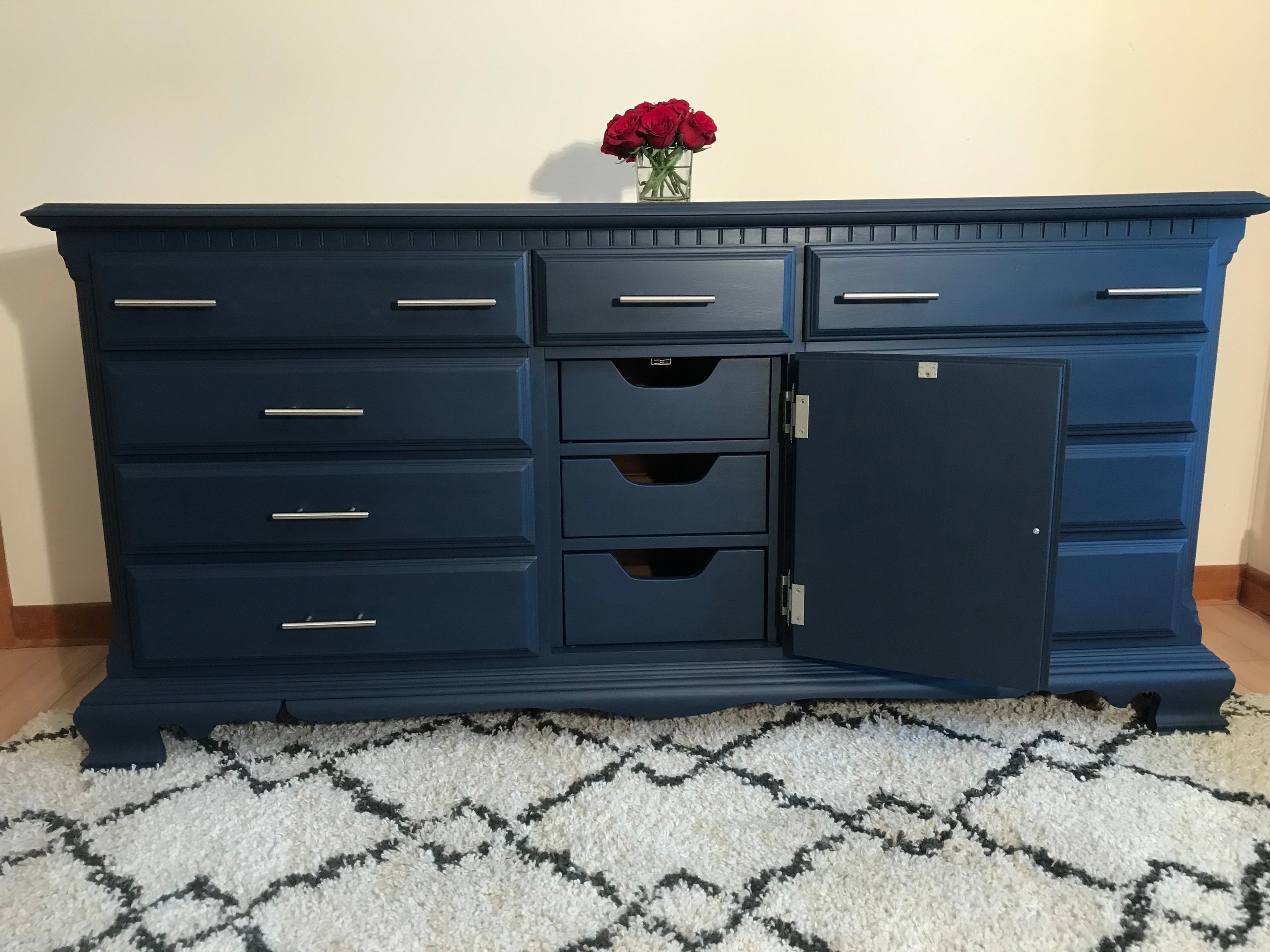 Sold Do Not Purchase Navy Dresser, Navy and Silver Dresser, Modern Navy Blue Dresser Etsy