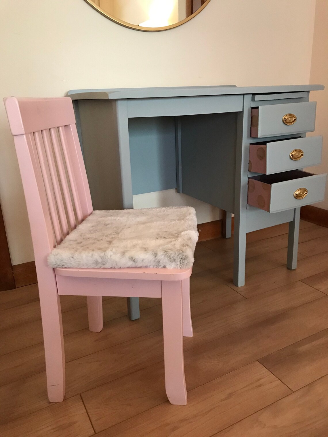 Little Girls Desk Wood Desk and Pink Chair Gray with gold Etsy