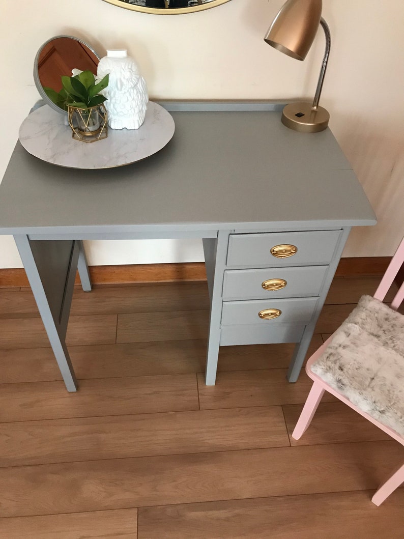 Little Girls Desk Wood Desk and Pink Chair Gray With Gold Etsy
