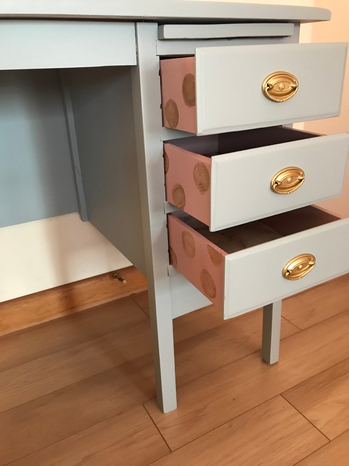 Little Girls Desk Wood Desk and Pink Chair Gray With Gold Etsy