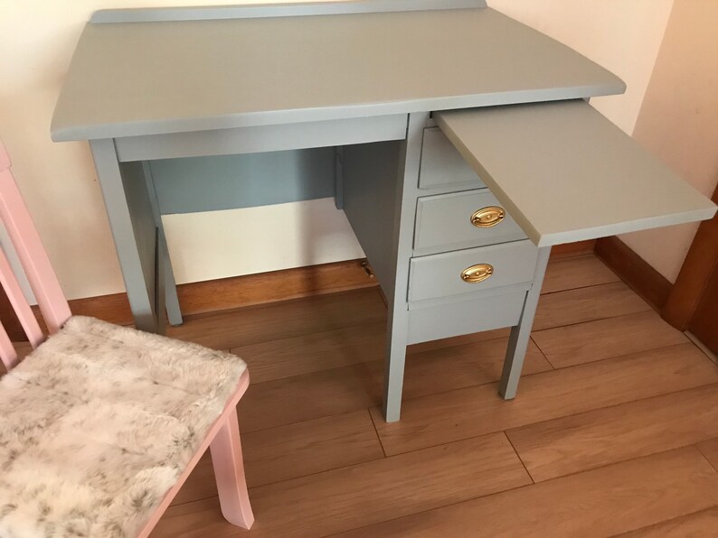 Little Girls Desk Wood Desk and Pink Chair Gray With Gold Etsy