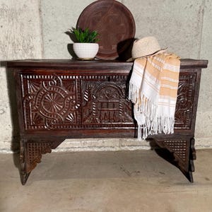 Carved Wood Dowry Chest // Blanket Chest // Wedding Chest // Carved Raised Wood Trunk // Moorish Gothic Medieval Spanish Antique Primitive