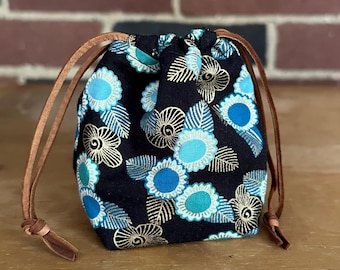 Tiny Drawstring Pouch in Black, Gold, and Blue Floral  - Notions Bag, Dice Pouch, Jewelry Holder, Reusable Gift Bag
