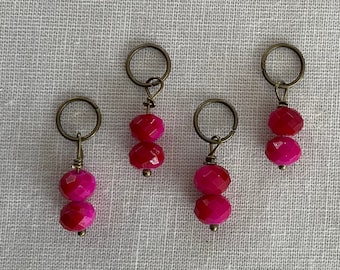 Fuschia Pink Glass Bead Stitch Markers - Set of 4 - Knitting Notions