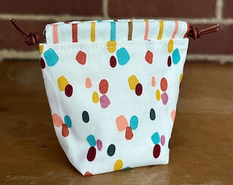 Tiny Drawstring Pouch in Polka Dots and Stripes - Notions Bag, Dice Pouch, Jewelry Holder, Reusable Gift Bag
