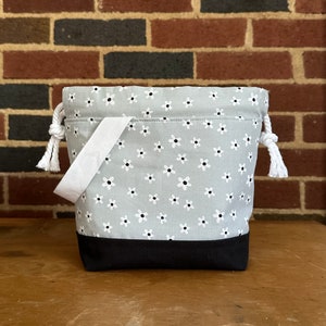 White Daisies on Gray Project Bag in Small - Black + White + Gray - Canvas Drawstring Knitting Bag