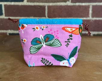 Tiny Drawstring Pouch in Flutter Kiss - Pink Moths - Notions Bag, Dice Pouch, Jewelry Holder, Reusable Gift Bag