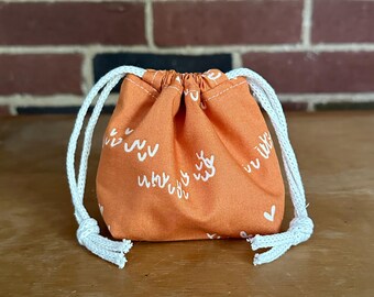 Tiny Drawstring Pouch in Orange and White - Notions Bag, Dice Pouch, Jewelry Holder, Reusable Gift Bag