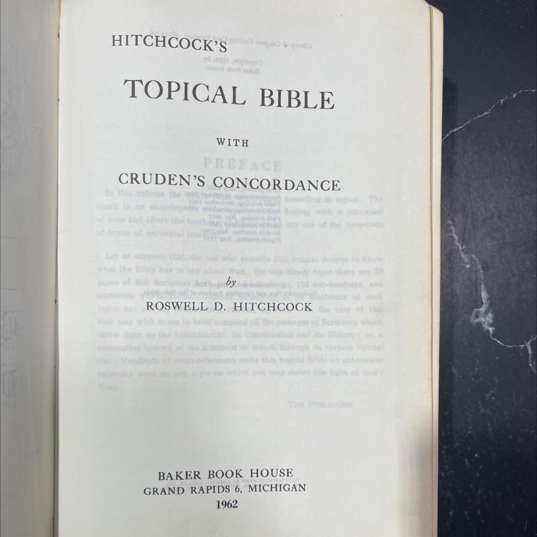 Hitchcock's Topical Bible With Preface Cruden's Concordance Book, by ...