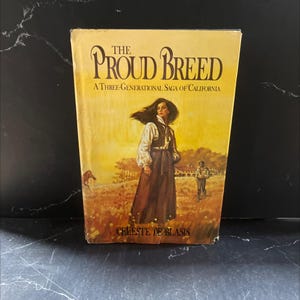 May include: A vintage book titled "The Proud Breed" by Celeste De Blasis. The cover features a woman in a long dress and a man in the background. The book has a yellow and brown color scheme.
