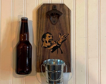 Freddie Mercury QUEEN wooden bottle opener. Black Silhouette of Freddie Mercury. Wall mounted bottle opener w/galvanized cap catching bucket