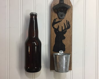 Dear head silhouette oak Bottle opener, wall mount, rustic AGED OAK FINISH pallet wood farmhouse style wooden bottle opener