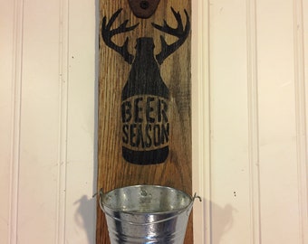 Beer Season bottle opener. Wooden bottle opener.  Images says &quot;BEER SEASON&quot; Beer bottle image painted on a wooden plank