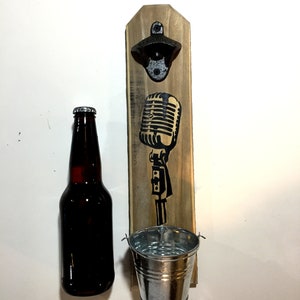 Vintage &quot;Fat-Boy&quot; Microphone wooden bottle opener.  Black Silhouette image.  Wall mounted bottle opener w/ galvanized cap catching bucket.