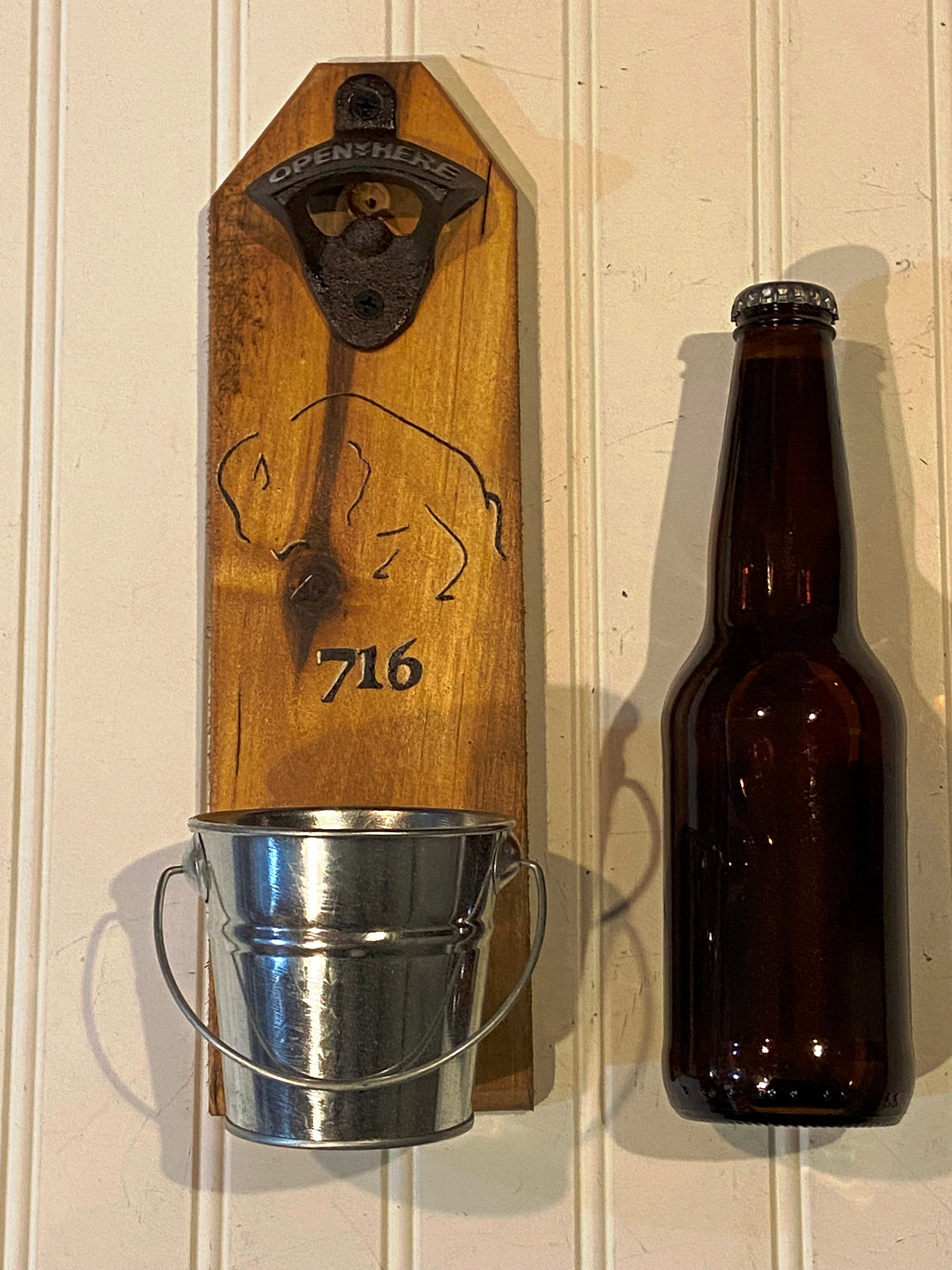 Buffalo bottle opener, Stylized, simple image with 716 zip code.  Wall mounted beer bottle opener, Pallet wood, rustic, farmhouse style