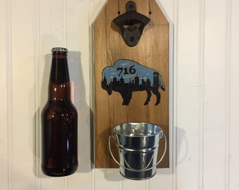 716 Buffalo New York wooden Sign - Bottle Opener.  Buffalo Bison with black City Silhouette image.  With galvanized cap catching bucket.