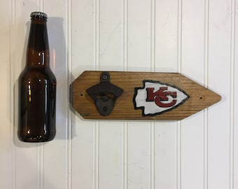 Kansas City Chiefs style bottle opener, wall mounted  Chiefs beer bottle opener, Pallet wood rustic reclaimed wood.