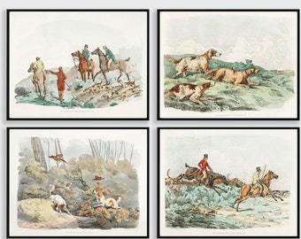 Fox Hunting Art, Set of Four Prints, Vintage Decor, Instant Download, Printable Wall Art