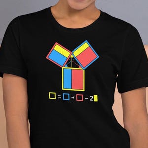 May include: Black t-shirt featuring a colorful geometric design with red, blue, and yellow squares and the equation "□ = □ + □ - 2□". The design is centered on the front of the shirt.