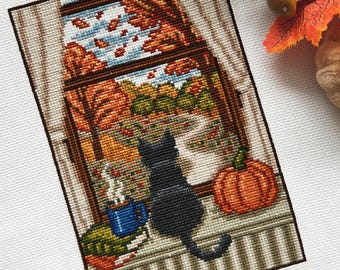 Cross stitch pattern: Fall cat pattern PDF, Cozy Autumn design, Pumpkin and leaves, beginner printable chart, DIY modern craft, Needlepoint