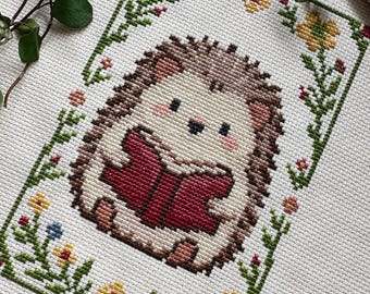 Cross stitch pattern: Hedgehog Book, Pattern PDF, Fall plant design, beginner printable chart, Modern craft, Needlepoint pattern, Easy DIY