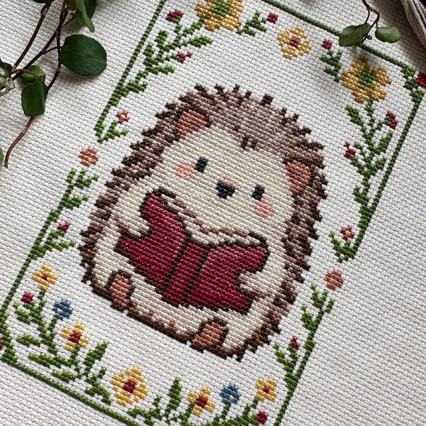 Cross stitch pattern: Hedgehog Book, Pattern PDF, Fall plant design, beginner printable chart, Modern craft, Needlepoint pattern, Easy DIY