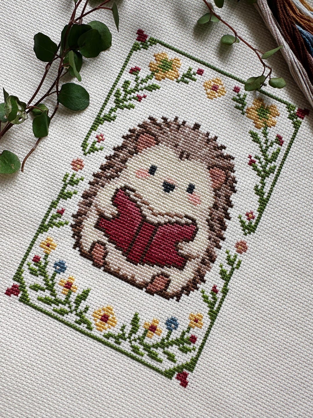 Cross stitch pattern: Hedgehog Book, Pattern PDF, Fall plant design, beginner printable chart, Modern craft, Needlepoint pattern, Easy DIY