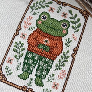May include: Cross-stitch design of a green frog wearing an orange sweater and green patterned pants. The frog is surrounded by floral and leaf motifs, framed by a decorative border. The design is on a white fabric background.