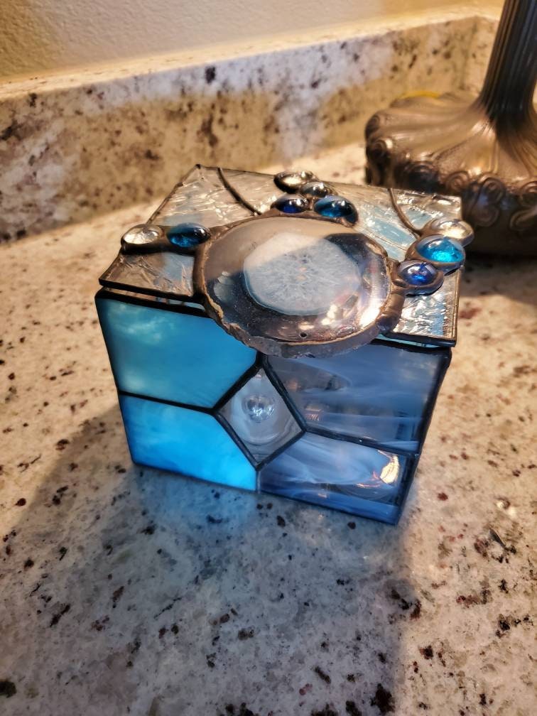 This Blue Stainedglass Box, Agate Stone,glass Jewelry Box