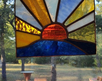 stainedglass art, sunset sunrise suncatcher, colorful sunset window decor, hanging glass artwork, glass panel, sunburst, warm sunset design