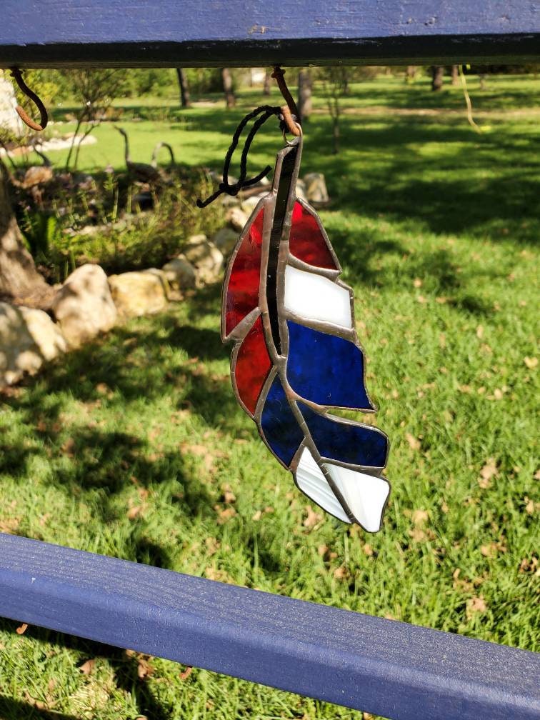 Stainedglass Feather,USA, Feather,Suncatcher,Glass Ornament,Red White and Blue  Feather,Art for Windows