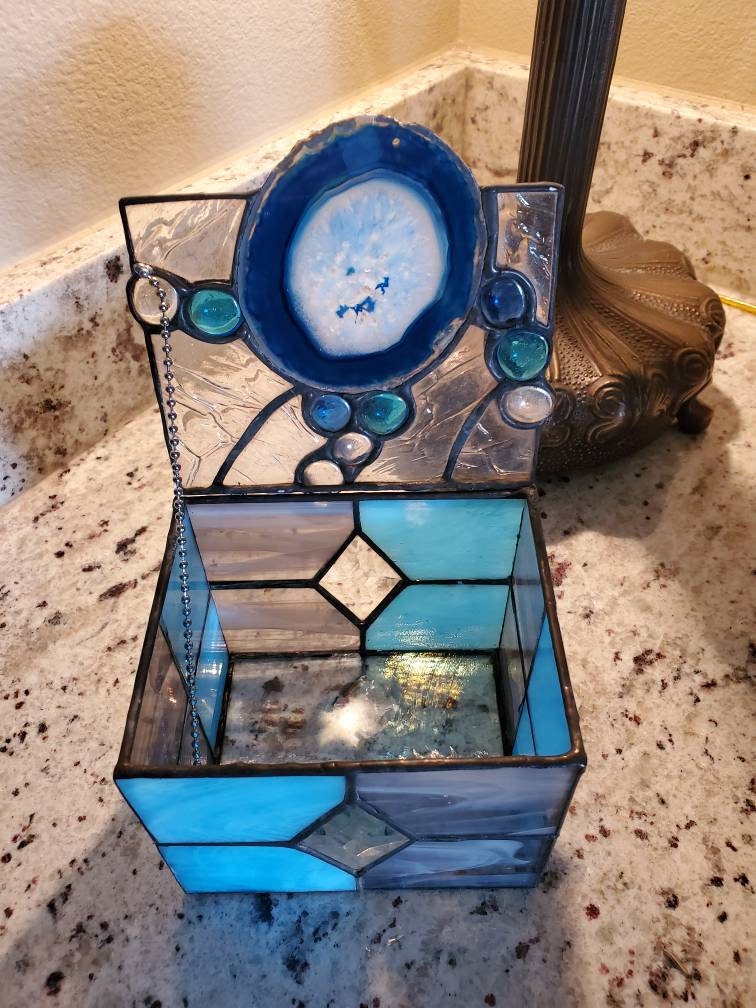This Blue Stainedglass Box, Agate Stone,glass Jewelry Box