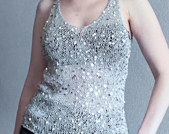 Silver gray knit mesh sequins top/knit pailettes crop top/cotton knit sequin vest/shiny disco knit top/sparkly top/festival top