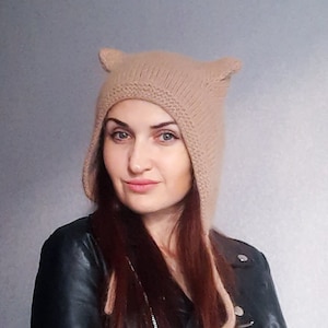 Beige knit bonnet adult hat/cat ears knitted adult bonnet/cat ear knit angora bonnet adult/beige angora knit bonnet adult/kitty bonnet adult