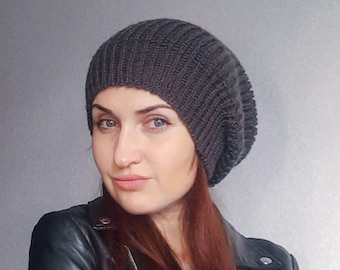 Mokko Brown Knit Slouchy Beanie: Wool Acrylic Blend