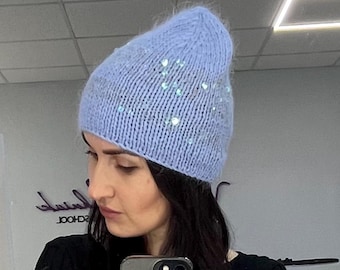 Blue sequins knit beanie hat/blue angora knit beany/angora knit beanie pailettes/blue sequins knit hat/hat with sparkles/shiny hat