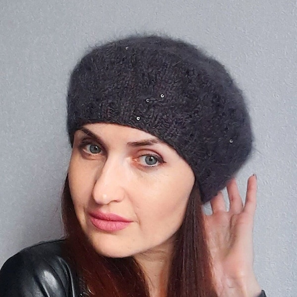 Gray angora knit sequin beret/pailettes angora knit beret/dark gray angora knitted beret/knitted angora sequins beret/knitted sequin beret