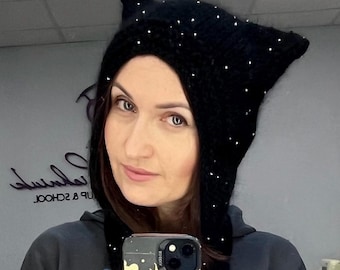 Cat ears knit adult bonnet pearl/kitty black pearls knit angora bonnet adult/pearls kitty bonnet hat/kitten ears knit bonnet adult