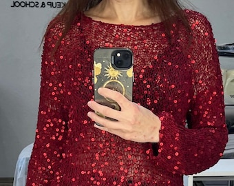 Red Sequin Knit Sweater: red pailettes sweater/ knit sequin sweater