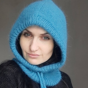 Aquamarine knit hood/knitted angora hood/angora knitted hood/knit angora balaclava hat/women knit hood
