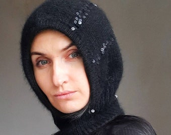 Capuche angora en tricot noir paillettes/chapeau cagoule angora en tricot noir/capuche tricotée avec paillettes/pailettes cagoule tricotée/cagoule tricotée femme