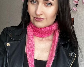 Pink angora knit Sophie scarf/angora knit  kerchief scarf/angora knit pink small neck scarf/angora knit small scarf/hand knit scarf
