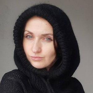 Black knit angora hood/black knitted hood/knit angora hood/knit fluffy hood/knitted angora hood/whimsigoth knit hood/black knitted balaclava