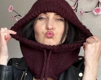 bordo knitted angora hood/merry color knit angora hood/angora knitted balaclava/knitted angora hood/knit angora cowl/knit bordo  hood