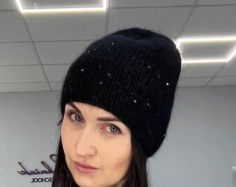 Hand Knit Black Angora Beanie with Sequins/black angora pailettes hat
