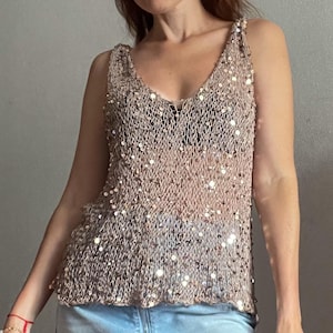 Gold beige knit mesh sequins top/knit sequin crop top/cotton knit pailettes top/shiny disco knit top/sparkly top/gold sequin knit beach top