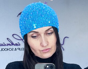 Turquoise sequins knit hat/knit shiny hat/sparkle hat/gatsby hat