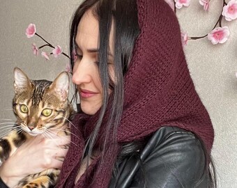 Bordo Angora knit triangle scarf/angora knit baktus/knitted triangle scarves/bordo knit triangle headscarf/angora handcrafted headscarf