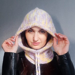 Pastel Rainbow knit angora hood/pastel angora hood/knitted angora hood/angora knitted balaclava hat